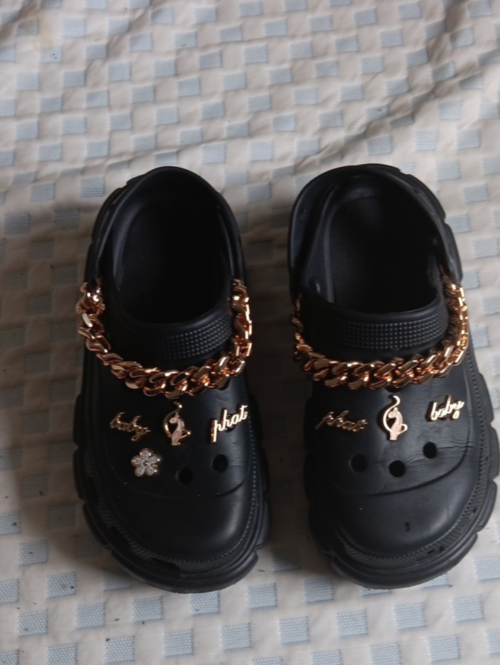 Womens Black Slip-On Clogs with Gold Chain and Charms